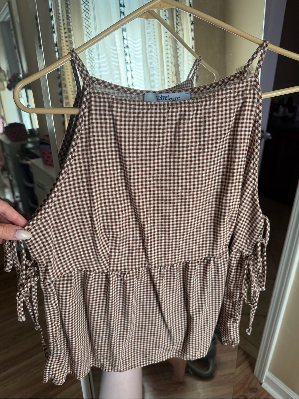 Velvet Moon Brown Gingham Tie-Side Tank Top